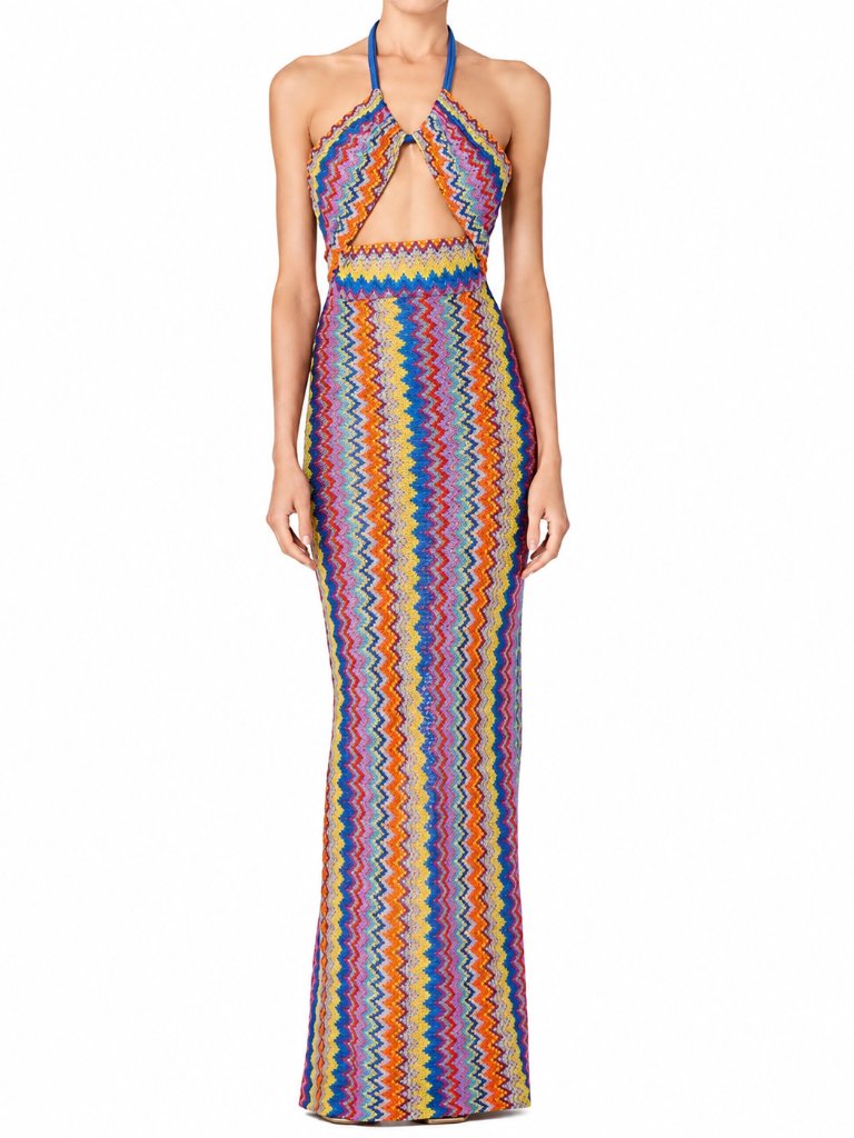 Alexis Vedette Chevron Cutout Halter Knit Maxi Dress Sunrise Xs
